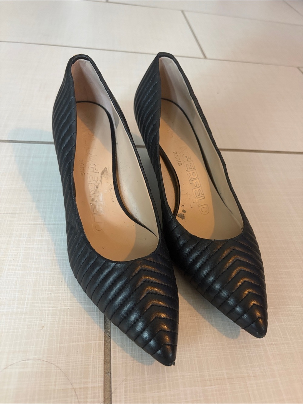 Karl Lagerfeld Black Quilted Chevron Pointed-Toe Heels